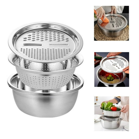 Stainless Steel Colander Bowl Set, 9.5 Inch 3 in 1 Grater Slicer Basin, 1 Set, Metal Drain Basket With Julianne Cutter For Salad Veggie Washing, Kitchen Food Prep Mixing Serving Bowl