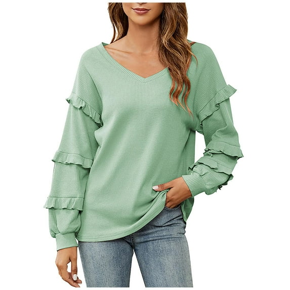 Womens Fall Spring Tunic Tops Trendy V Neck Ruffle Long Sleeve Shirts Casual Loose Comfy Ladies Pullover Blouses Green