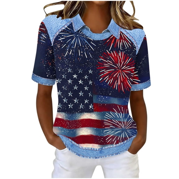 Uaswgudfs Women's Patriotic Fireworks Print Denim Trim Short Sleeve Tops V Neck Casual Blouses Independence Day T Shirts Blue S