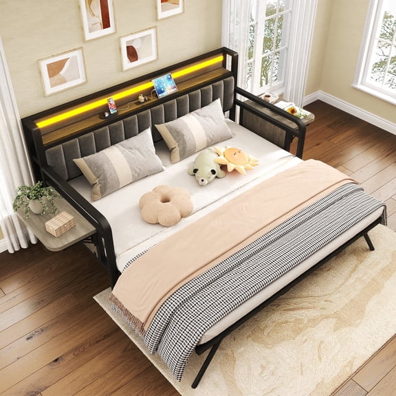 Hijob Twin to King Daybed with Side Table, Heavy Duty Metal Bed Frame with Pop Up Trundle, LED Lights Charging Station Upholstered Storage Headboard, Twin Sofa Bed for Living Room Guest Room, Gray