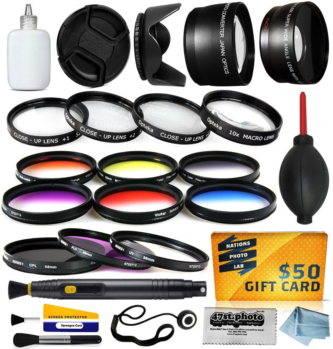 58mm Pro Lenses Filters Kit includes 0.43x + 2.2x Lens, UV, CPL, Warming,6 Piece Color Filter