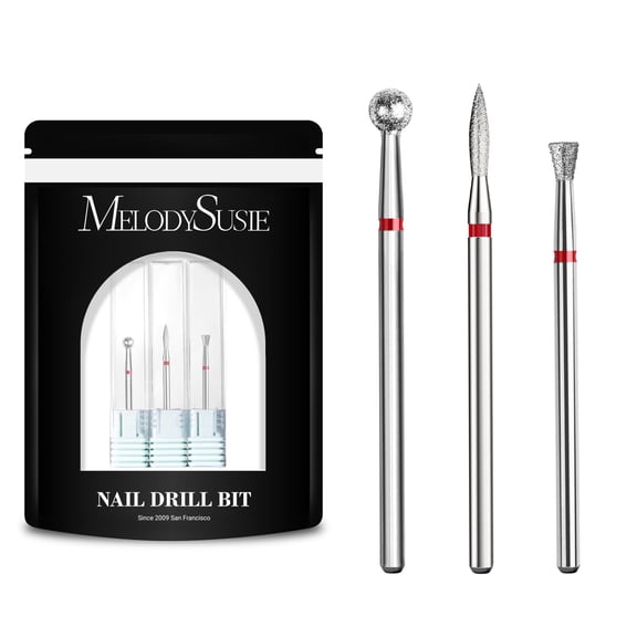 MelodySusie 3pcs Cuticle Cleaner Nail Drill Bit Set, 3/32'' Carbide Diamond Bits (Ball, Flame, Inverted Tapered), Silver