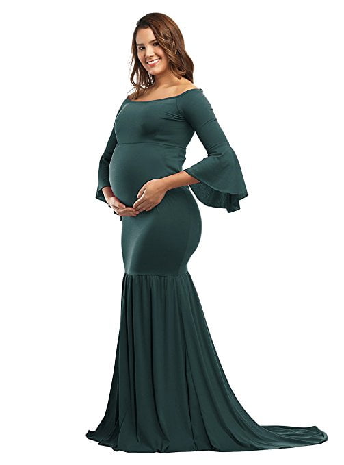 DYMADE Women's Off the Shoulder Bell Sleeve Mermaid Gown Maxi Maternity ...