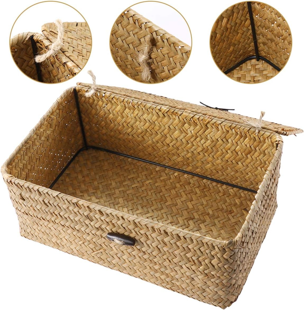 Wicker Storage Basket Natural Rattan Storage Box With Lids Hand Woven Wicker Shelf Baskets Makeup Organizer For Bathroom, Living Room, Kitchen,Small