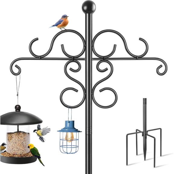 KOLAKO Bird Feeding Station, Heavy Duty Double Shepherds Hook, Metal Bird Feeder Pole Stand Free Standing, for Garden Lights Lantern,Plan Basket, 76 inch
