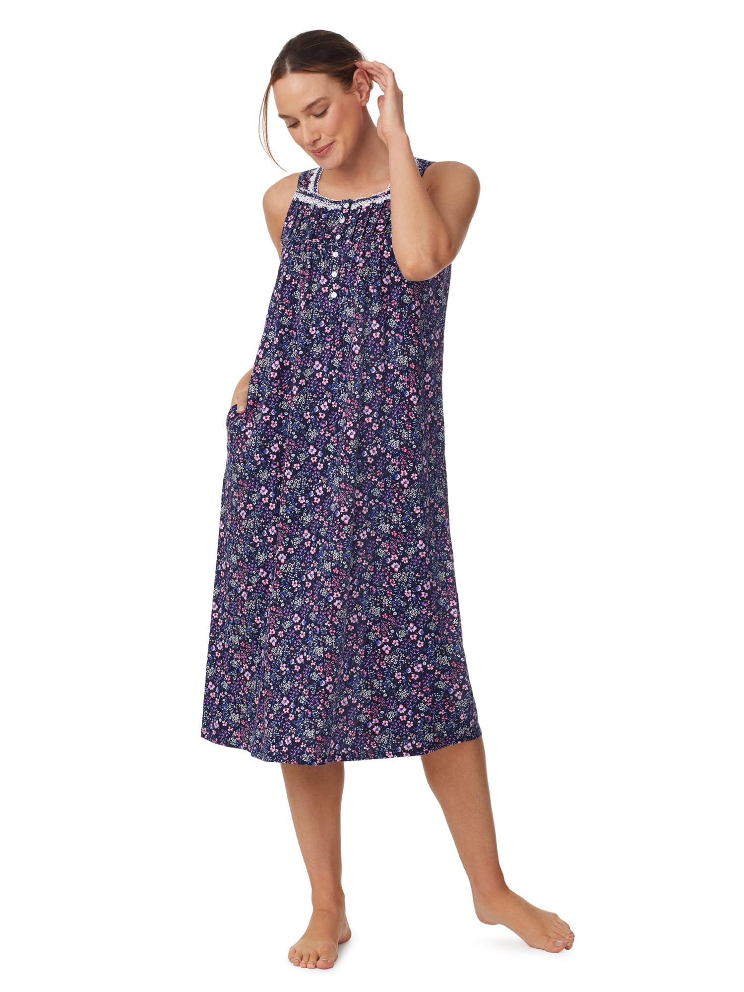 Aria Women's Sleeveless Long 100% Cotton Nightgown in 46", Sizes XS to 5X