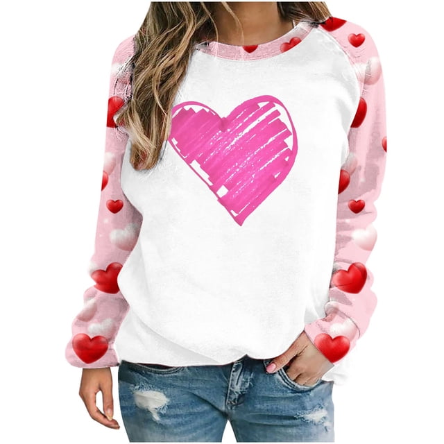 VALMASS Chandails en Molleton à Col Rond pour Femmes, Manches Raglan, Mode Décontractée, Imprimé Cœur, Blouses à Enfiler (2TG, g Rose)