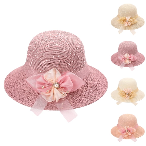 Women's Glitter Straw Sun Hat with 3D Floral Bowknot and Faux Pearl Accent Featuring Wide Brim Foldable Design Beige