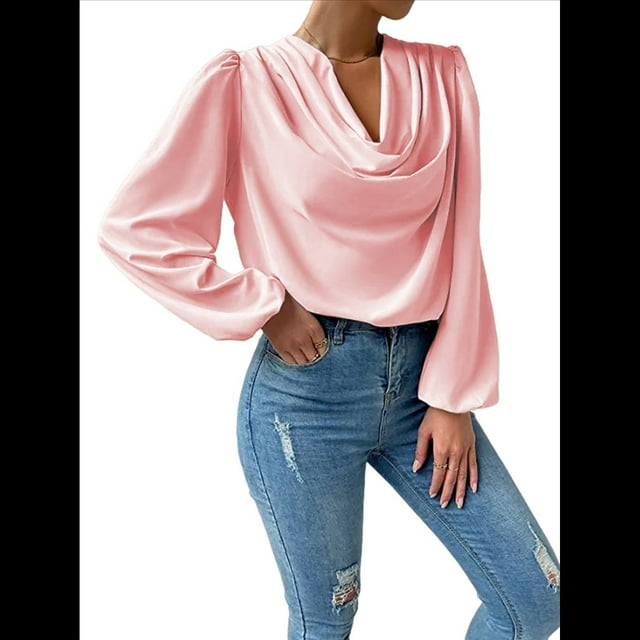 Blusas de Mujer con Cuello Vuelto, Larga, para Profesora, Oficina, Negocios, Elegantes, Informales Rosa L