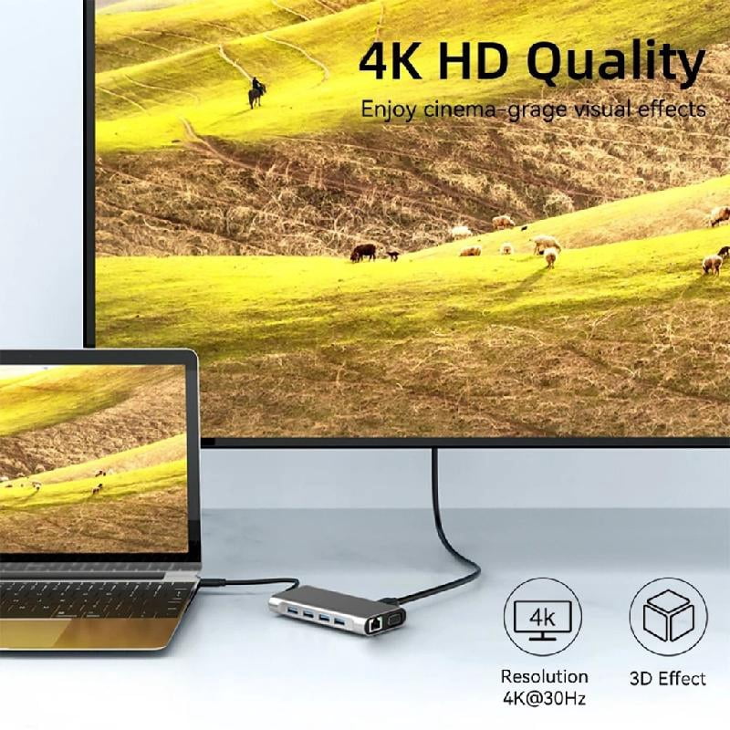 BQBQERT Aluminum Alloy 11 Port USB C Docking Station Supports 4K HDTV Fast Data Transfer 100W Charging For Laptop
