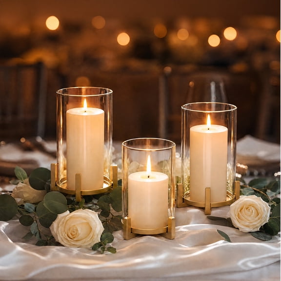 Glasseam Set of 3 Gold 4-Leg Hurricane Candle Holder: Clear Glass Sleeve Metal Base for Pillar Candles Fireplace Wedding Centerpiece Decor Gift Safe Stable Decor for Indoor Outdoor