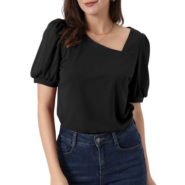 Blusa de manga corta con volantes y escote en V asimétrico de INSPIRE CHIC para mujer XS Negro