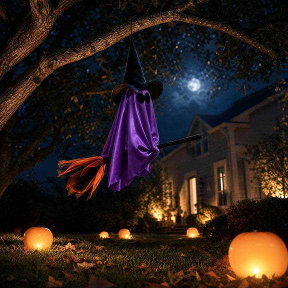Cififendec Halloween Hanging Witch Ghost Decor, 27.56", Flying Ghost with Broom & Eyes for Tree Porch Spooky Outdoor Display