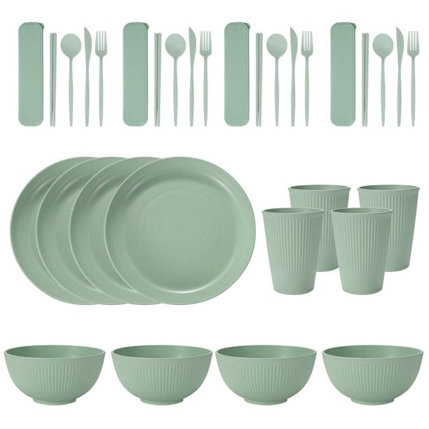 Namzi -a - Vajilla de paja de trigo (32 piezas, platos y cuencos, cubiertos, aptos para microondas, irrompibles, para fiestas, picnics, residencias universitarias y acampadas, color verde claro)
