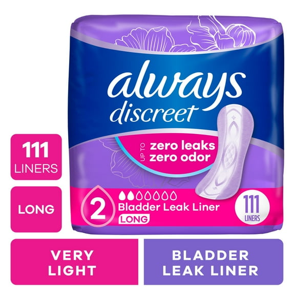 Always Discreet Incontinence Panty Liners for Bladder Leaks, Size 2, Very Light Absorbency, Long Length, 111 Count