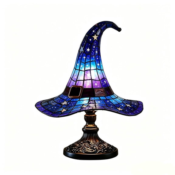 QLUEWX Stained Glass Witch Hat Table Lamp, Tiffany Style Witch Hat Light, Vintage Decorative Night Light, Gothic Halloween Tabletop Lamp for Bedroom Nightstand Mantel Fall Holiday Home Party Decor
