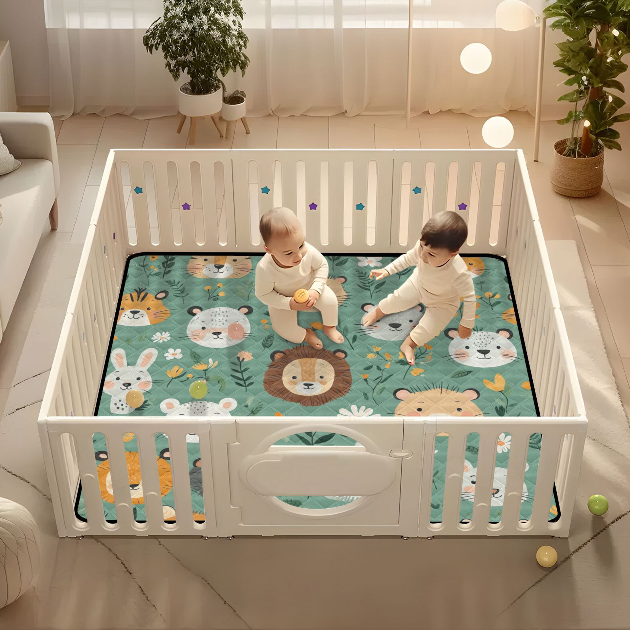 WOBOGO Cute Animal Faces in A Seamless Jungle Pattern Baby Playmats Extra Large Waterproof Rollable Activity Pads for Toddlers 50×50inch