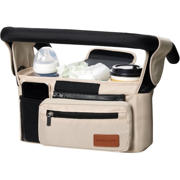 Momcozy Organizador para Cochecito con 2 Portavasos Aislantes, Múltiples Bolsillos, Base Desmontable y Correa de Hombro, Ajustable para Múltiples Marcas, Caqui