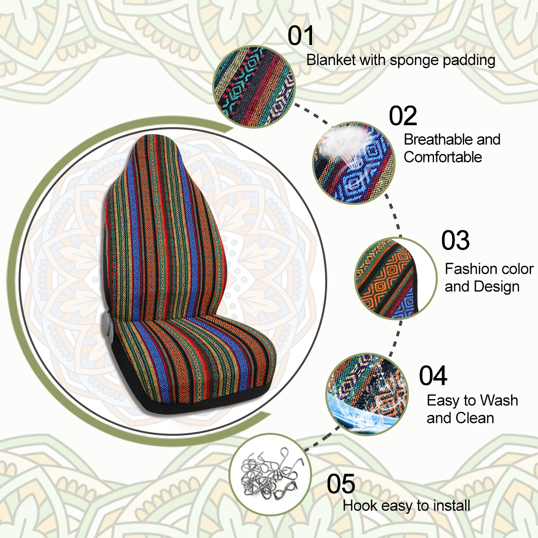 Unique Bargains 10pcs Baja Blanket Ethnic Style Bucket Seat Cover for Auto Car