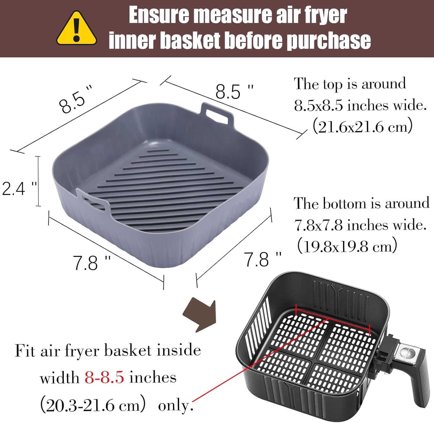 Silicone Liners Square for 8 to 8.5 inch Air Fryer, 2 Pcs Non-stick Food-grade Reusable Basket Baking Tray Airfryer Accessories