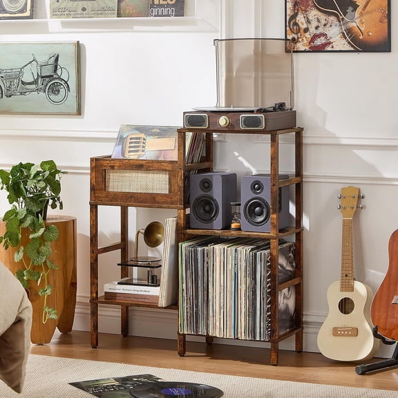 Joaxswe Record Player Stand, Mid-Century Turntable Stand Holds Up to 300 Albums, Vinyl Record Storage Table for Living Room, Bedroom, Rustic Brown