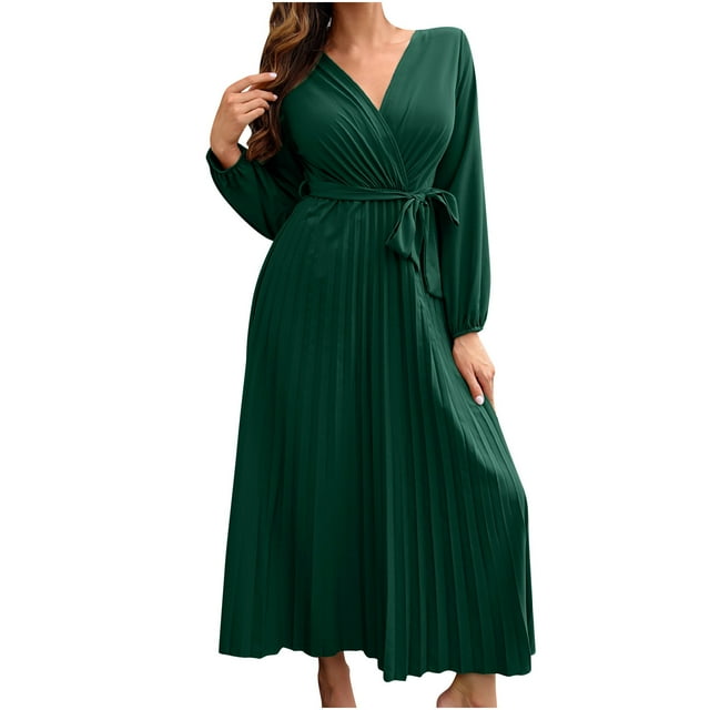 Vestidos Para Mujer Vestido Maxi Otoño E Invierno Moda Color Sólido Cruzado Con Cuello en V Vestido Plisado Falda Larga Odeerbi ODB158975