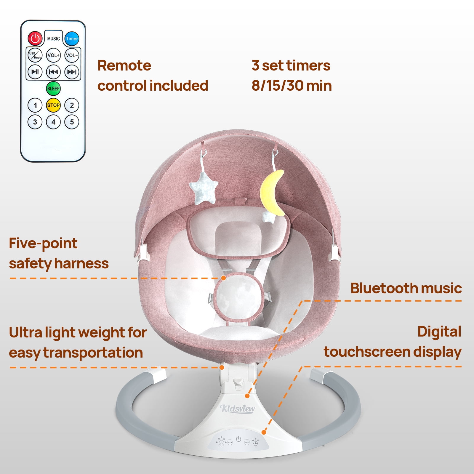 Baby Swing for Infants | Electric Swing for Babies,Portable Swing for Baby Boy Girl, Infant Swing with Remote Control, 5 Speeds,3 Seat Positions,12 Music and Bluetooth,Aluminum