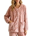 thumbnail image 2 of Pajamas for Women Dqueduo Women's Winter Home-Cozy Thermal Pullover Long-Sleeve Button-Up Blouse – Floral Embossed Fleece Top Orange XL, 2 of 2