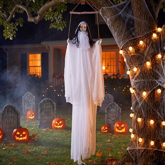 Costway 6.4 ft Halloween Decoration with Light Up Eyes and Creepy Sounds, Scary Face White