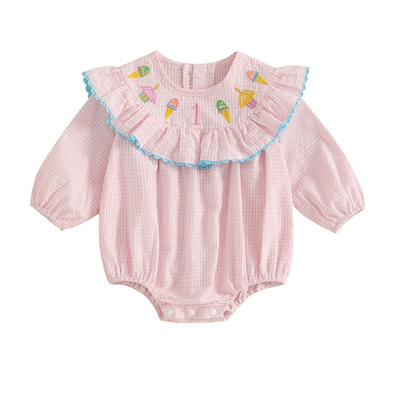 Elippeo Baby Girl Birthday Romper Striped Ice Cream Embroidery Ruffle Trim Long Sleeve Jumpsuit Fall Clothes 9 12 18 Months