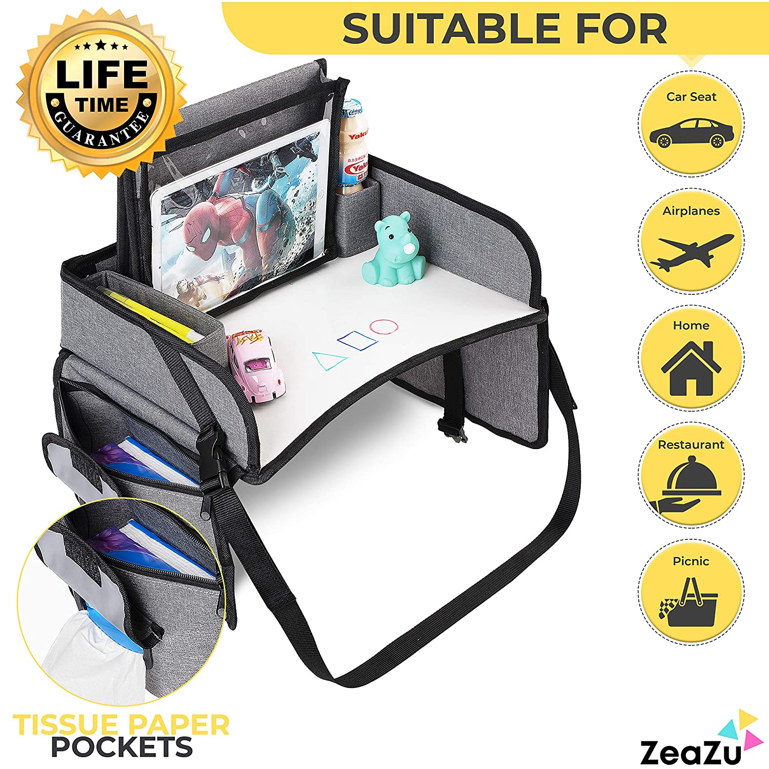 ZeaZu Kids Travel Tray with Bag Foldable Toddler Car Seat Tray 17.5D x 12.5W x 2H inch, Silver