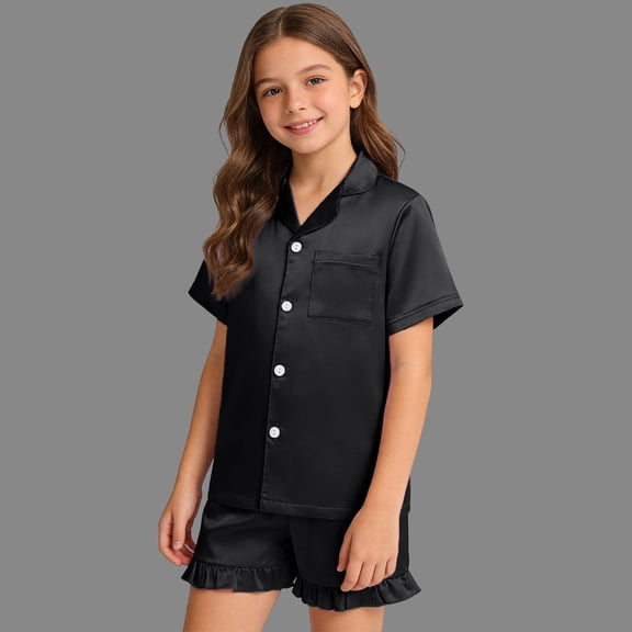 2Pc Pajamas For Girls Set Shorts Boys Summer Outfits 2026 Satin Button Down Set Silk Short Sleeve Lounge Sets With Ruffle Shorts Halloween Clothes Sleepwear Nightwear Birthday Graduation Gifts 4-14Y