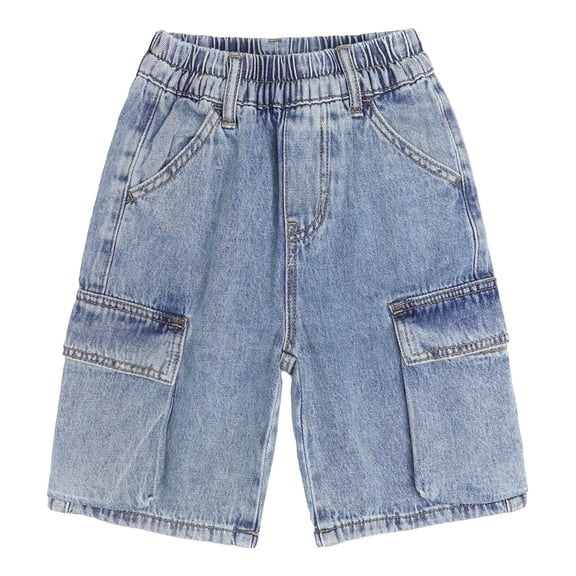 KIDSCOOL SPACE Children's Denim Shorts,Ribbed Elastic Waist with D-ring Loops Summer Jeans Half Cargo Jeans, Light Blue,7-8 Years