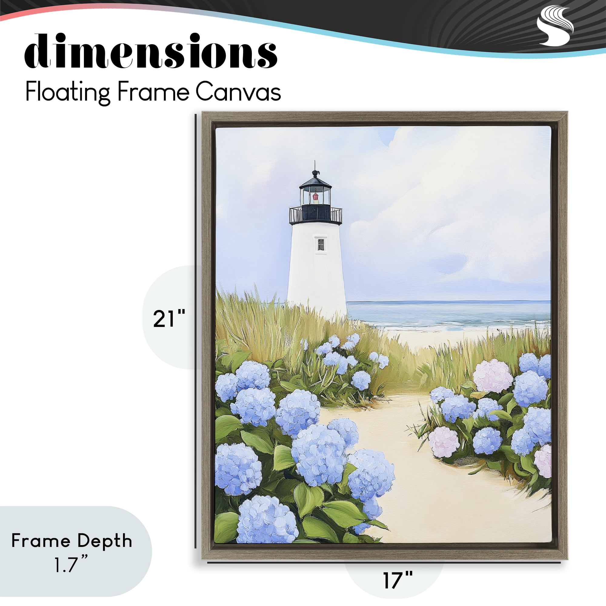 Stupell Industries Hydrangea Path Leading to Lighthouse Brown Framed Floater Canvas Wall Art, design by Sisi and Seb