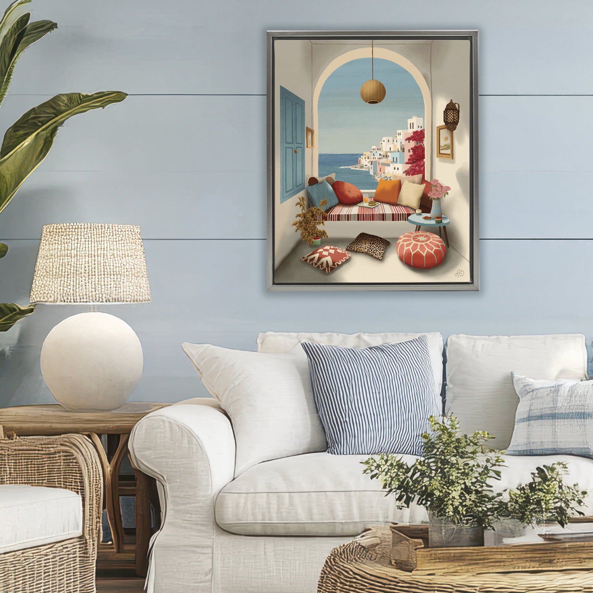 Stupell Industries Mediterranean Seaside Window View Gray Framed Floater Canvas Wall Art, design by Lisa R Dumm