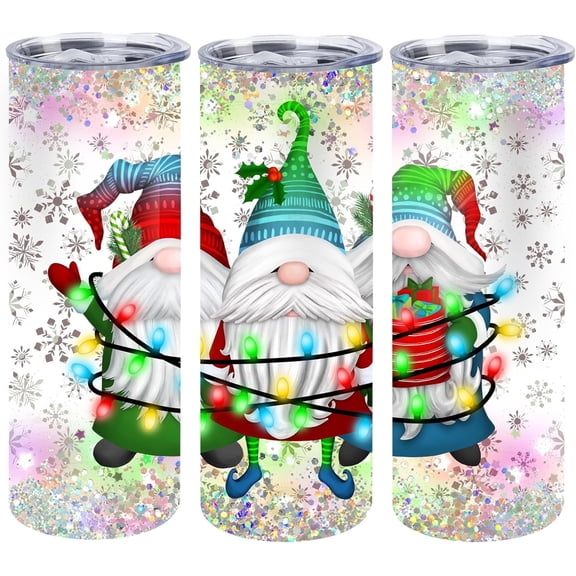 1 Pcs Christmas Lights Gnomes Tumbler with Lid, Insulated Double Wall Stainless Steel Slim Travel Tumbler Mug for Coffee Tea Beverages, 20 oz