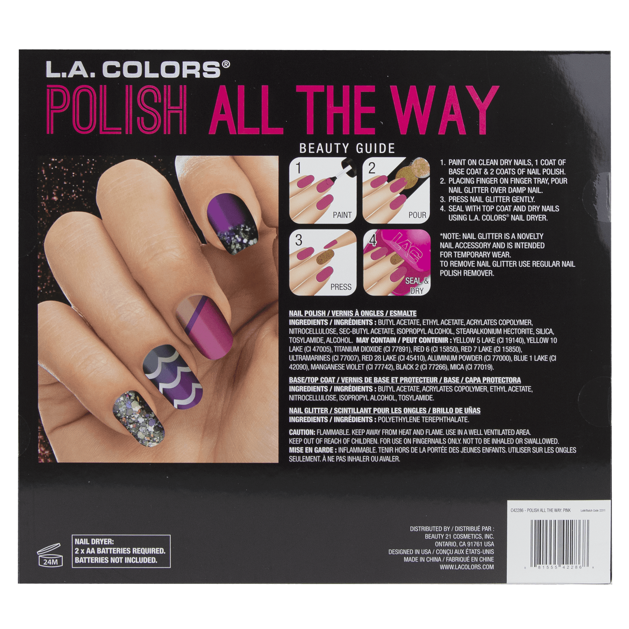 LA COLORS 40pc Polish All The Way Nail Dryer, Nail Polish, Glitter,  Sticker, and Nail File Set 
