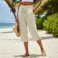 thumbnail image 4 of JFGHDG Womens High Waisted Linen Capri Pants Elastic Drawstring Waist Wide Leg Casual Pants with Pockets Khaki 5XL, 4 of 7