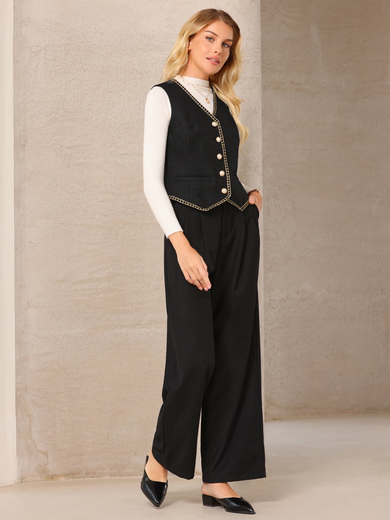 DARING DIVA Women's Tweed Blazer Vest V Neck Casual Business Waistcoat L Black