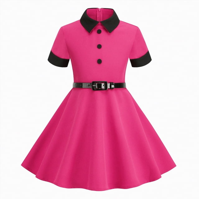 Gubotare Robes pour Filles Décontractées Robe pour Filles Décontractée Col Rond Ligne A Manches à Volants Longueur Genou Robes Taille 8-9 (Rose Vif, 8-9 Ans)