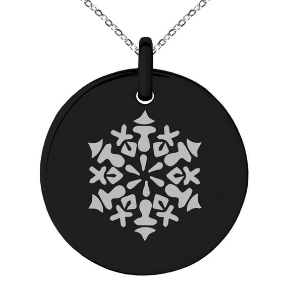 Black Stainless Steel Paisley Snowflake Engraved Small Medallion Circle Charm Pendant Necklace