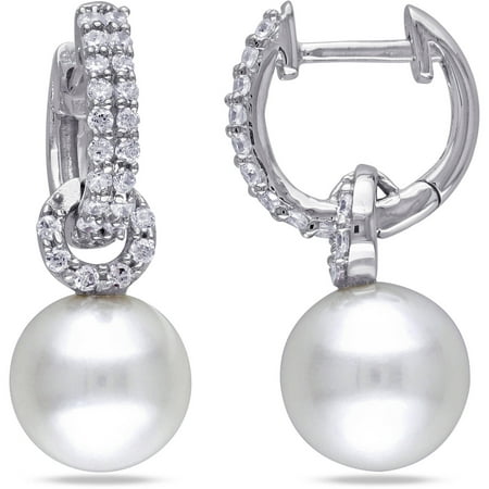8-8.5mm White Round Cultured Freshwater Pearl and 1 Carat T.G.W. Cubic Zirconia Sterling Silver Dangle Earrings