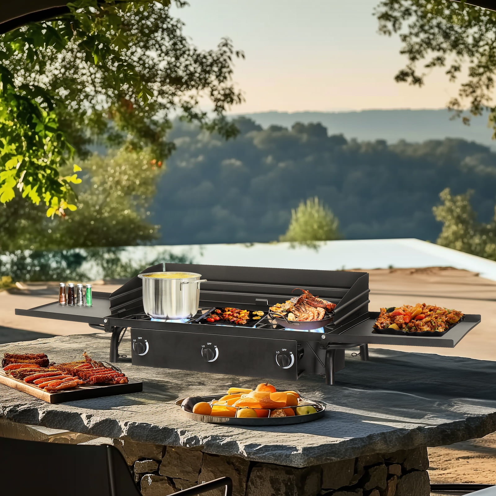 GoDecor 3 Burner Propane Camping Stove with Detachable Legs and Wind Panels