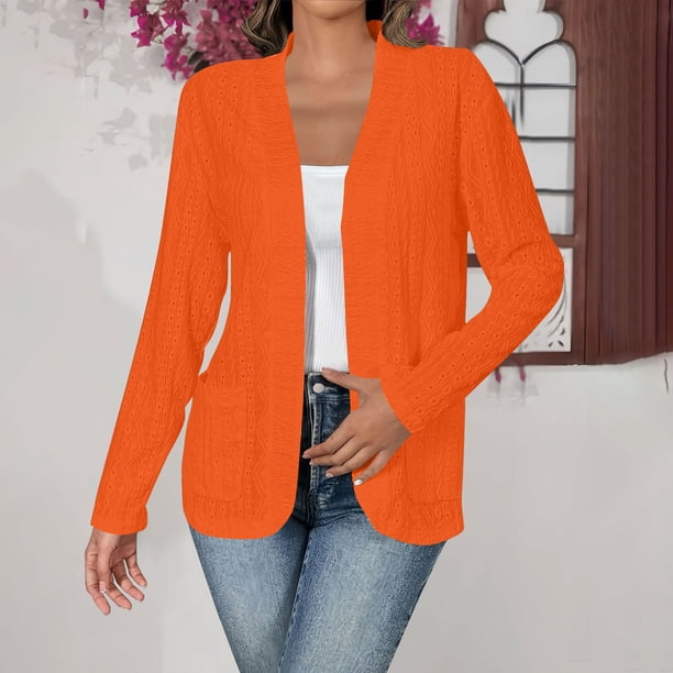 Cárdigan de mujer de color de manga larga, blusa informal con bolsillo, cárdigan de señora, chaqueta de algodón de imitación