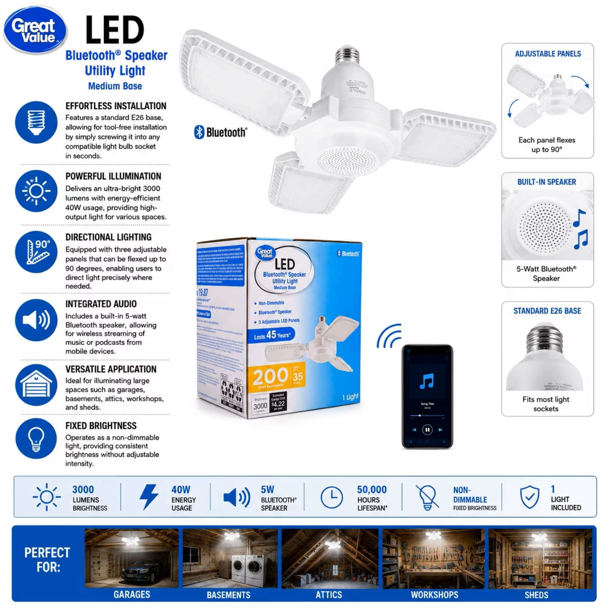 Great Value LED Garage Light with Bluetooth Speaker, 3000 Lumens, 3 Adjustable Panels, E26 Base, 5000K Daylight, 40W, Screw-In Ceiling Shop Light for Garage, Workshop, Basement, Attic, 1 Pack