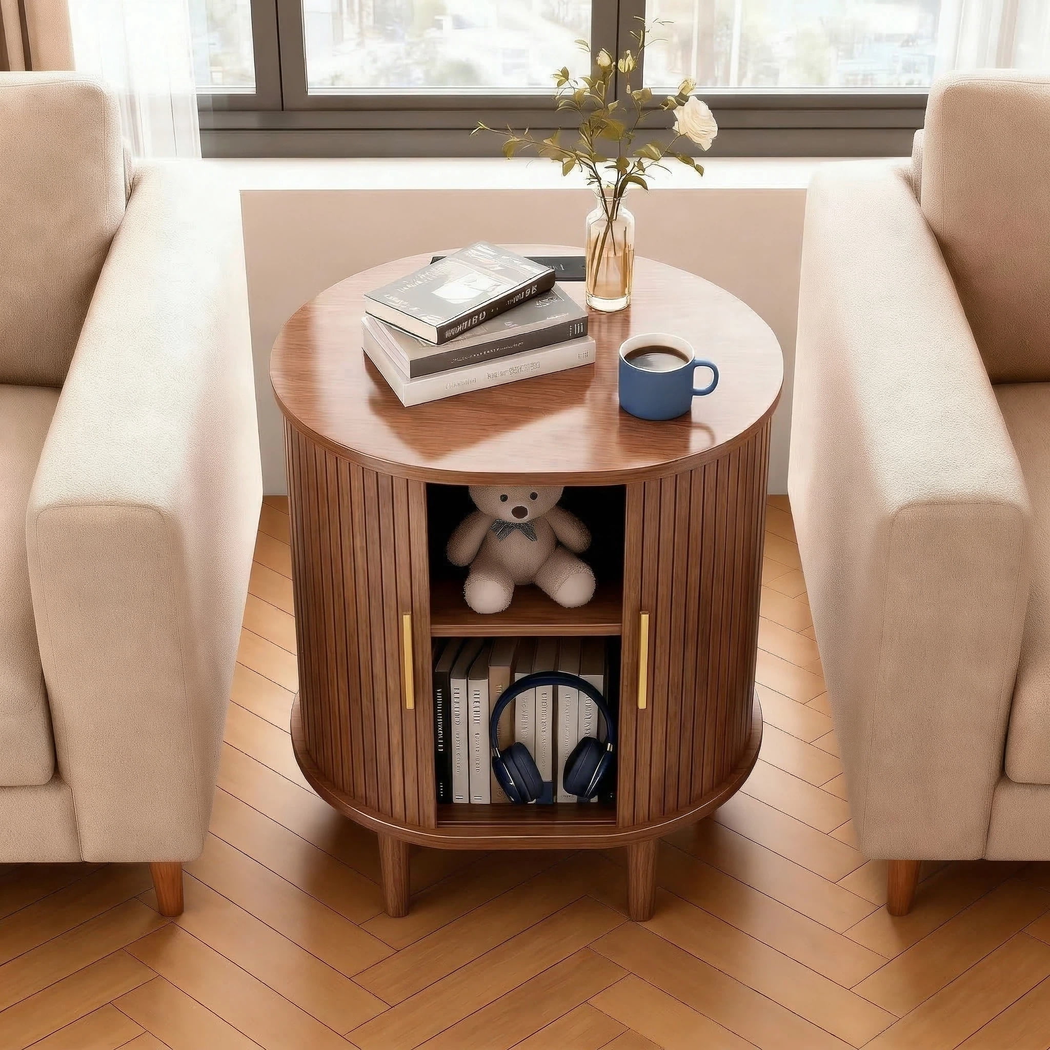 Aisword Nightstand with Charging Station, Fluted Accent Side Table with Sliding Door and Adjustable Shelf, End Table for Small Space, Walnut