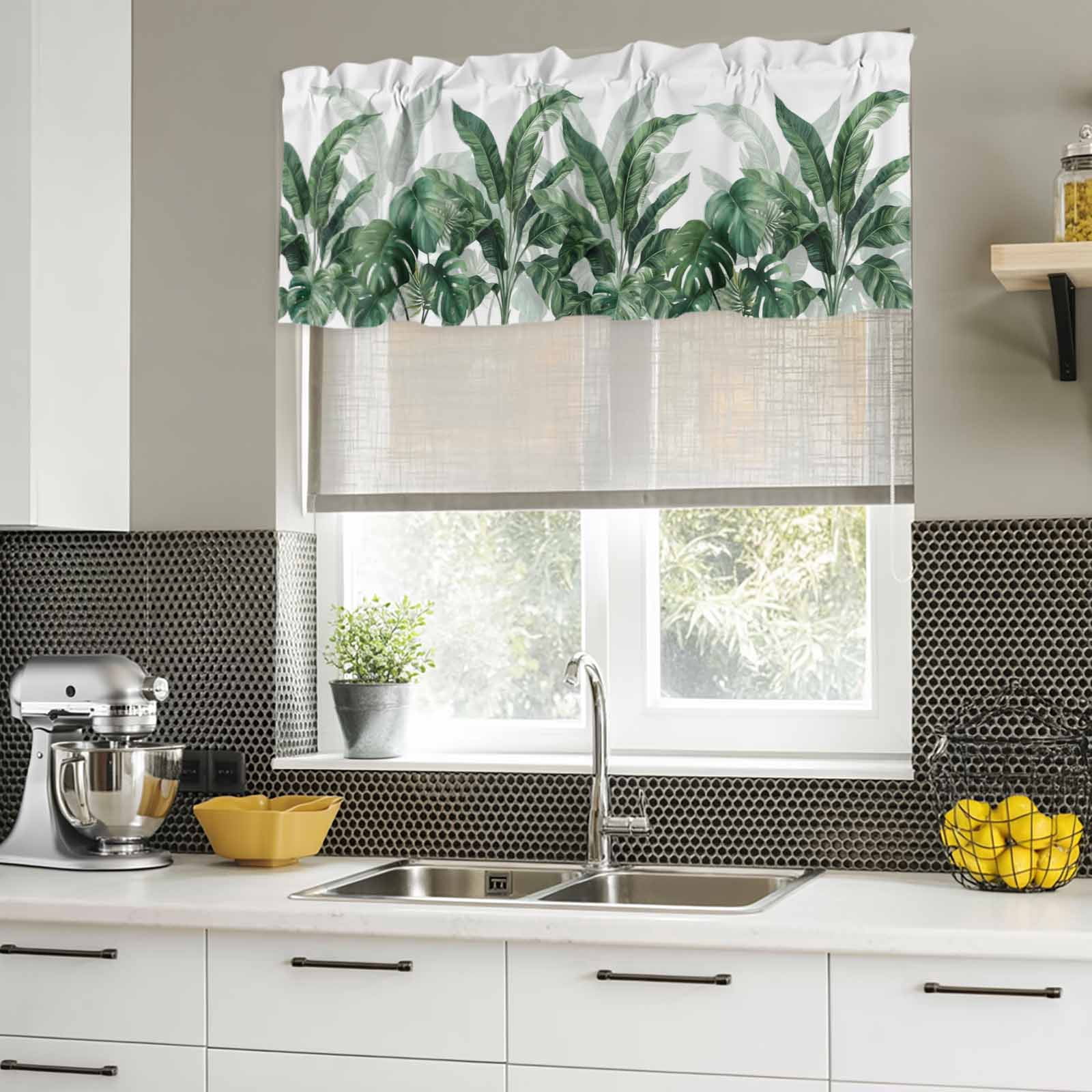 2 Pack Valances for Windows, Palm Leaves Tropical Window Valances for Living Room/Bedroom/Bathroom, Green Botanical Summer Light Filtering Kitchen Curtain Valance Window Treatment 60"W x18" L