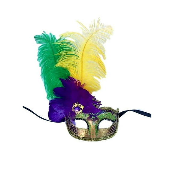 Purple Green Gold Venetian Mask Feather Masquerade Mardi Gras 12" New