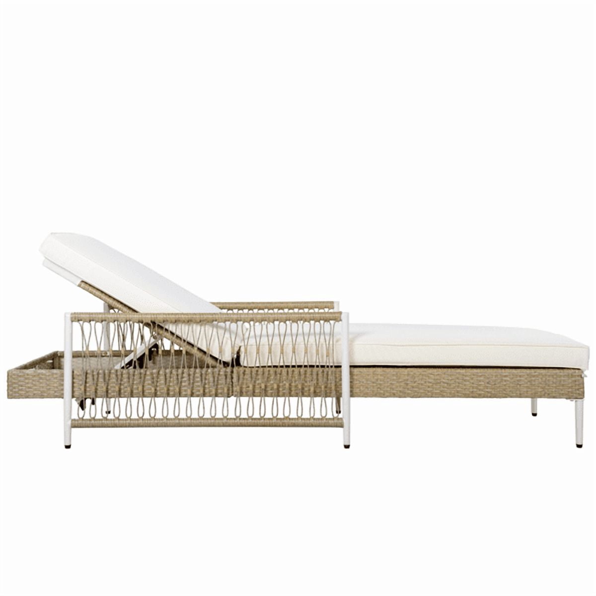 Minimalist Patio Wicker Lounge Chair, Outdoor All-Weather PE Rattan Chaise Lounge with 6 Gear Adjustable Recliner, Arms and Cushion for Poolside, Deck, Beige