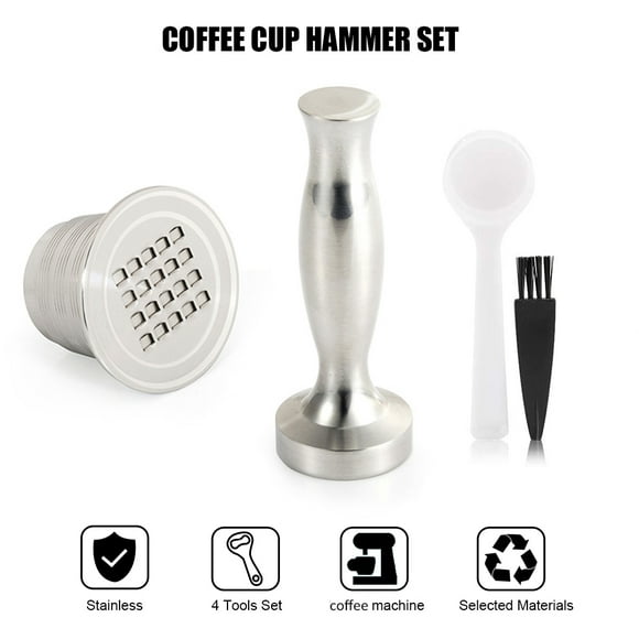 Amdohai Reusable Coffee Capsules Cup Stainless Steel Coffee Filters 1 Refillable Pod for Series Nespresso Machines with 1 Hammer 1 Spoon 1 Brush